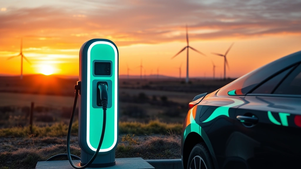 Electric vehicle charging port glowing at modern charging station during sunset with clean energy wind turbines visible in distant landscape background