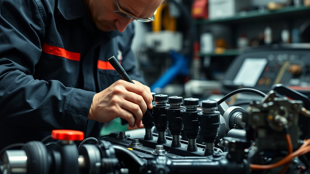 Mechanic inspecting fuel injector components at workbench with precision tools, detailed technical examination of automotive fuel system parts in professional garage workshop