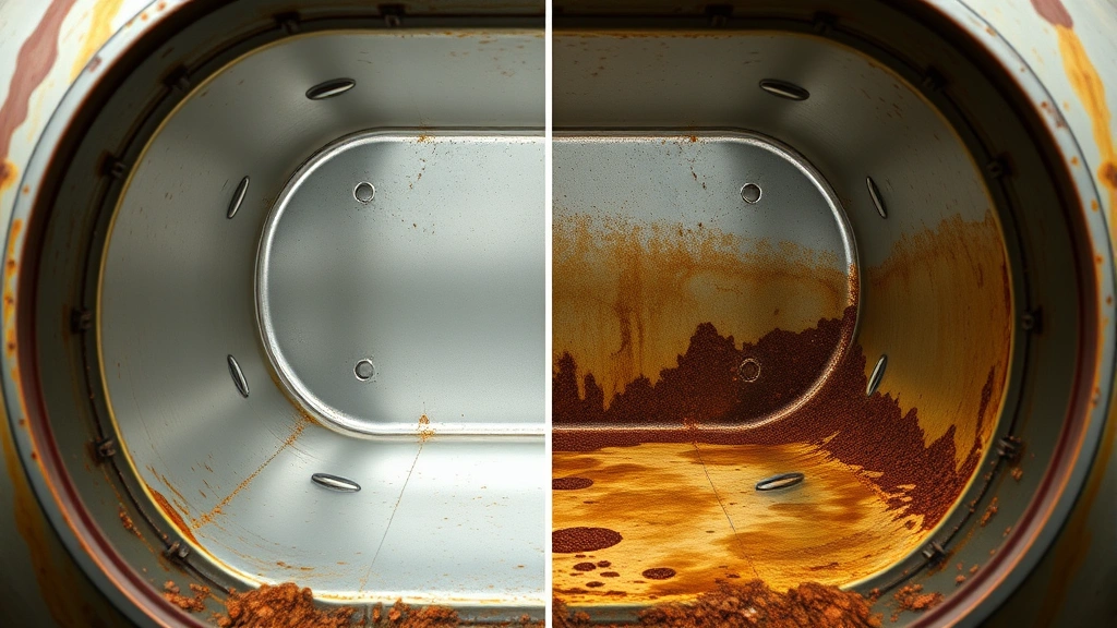Clean fuel tank interior cross-section showing pristine metal surface contrasted with contaminated tank displaying rust, sediment, and varnish deposits in comparison visualization