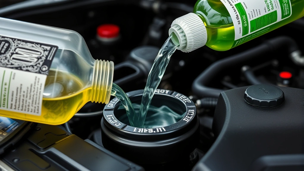 Biodegradable eco-friendly cleaning solution being poured into fuel system, showing natural green plant-based ingredients, sustainable automotive maintenance in progress