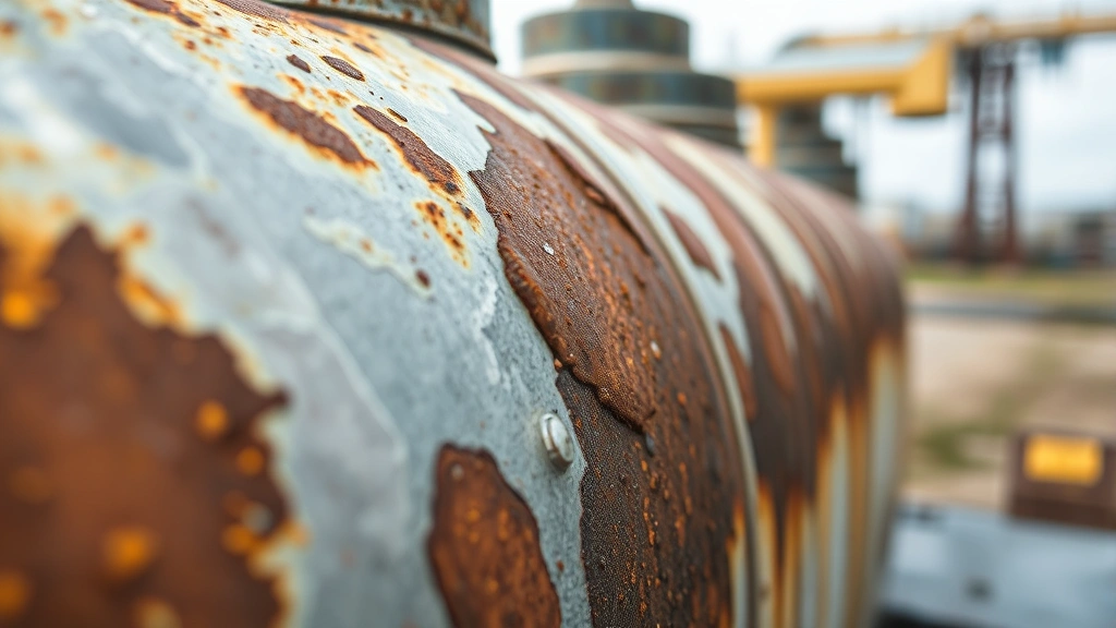 Close-up of corroded metal fuel tank showing rust formation and oxidation damage, water droplets visible, industrial background, natural lighting