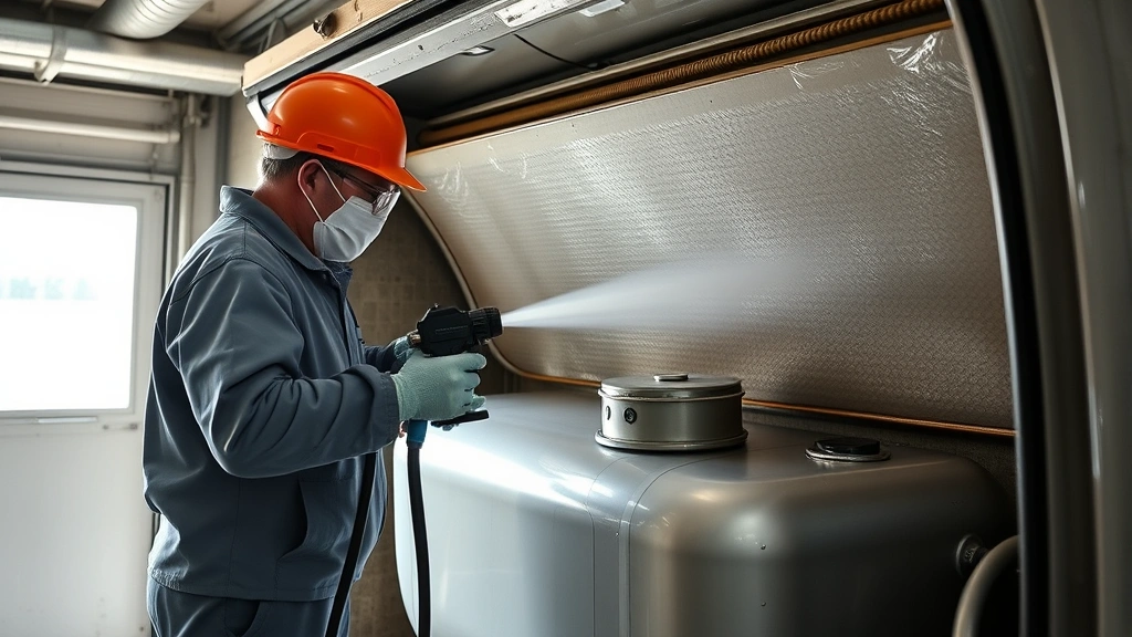 Professional applying water-based sealant to fuel tank interior using spray equipment, protective gear visible, well-ventilated workspace with natural light