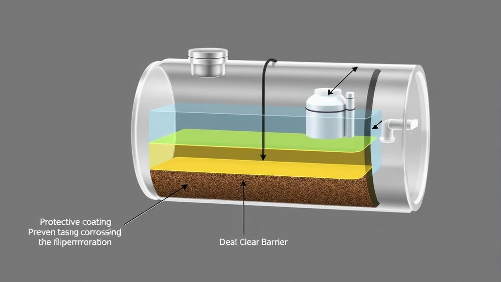 Cross-section diagram showing sealed fuel tank with protective coating layer preventing corrosion and fuel permeation, clear barrier illustration, technical visualization