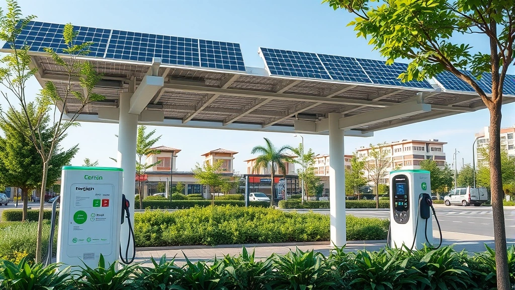 Photorealistic image of a modern electric vehicle charging station with solar panels overhead, surrounded by green vegetation and sustainable urban infrastructure, showcasing clean energy transition without any text or signage visible