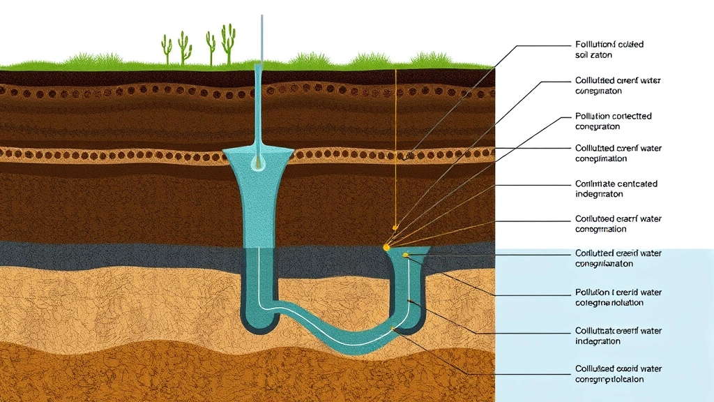 Detailed cross-section visualization of an underground contaminated soil zone showing fuel infiltration and groundwater pollution effects, with geological layers and water flow indicators, no text labels or annotations