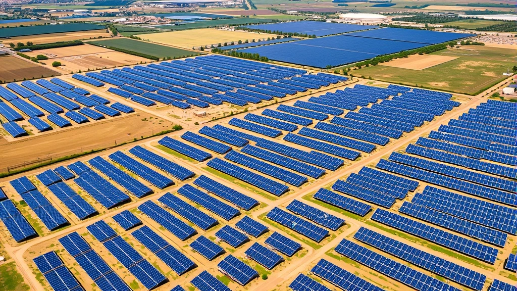 Aerial view of a sprawling renewable energy solar farm with rows of photovoltaic panels stretching across landscape, representing sustainable energy alternatives to fossil fuel infrastructure, completely text-free