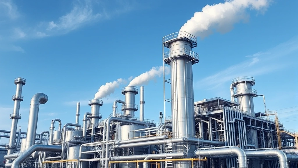Modern industrial GTL facility with blue-sky background, showing metallic processing towers and pipes, steam rising, clean contemporary energy infrastructure design, photorealistic industrial landscape