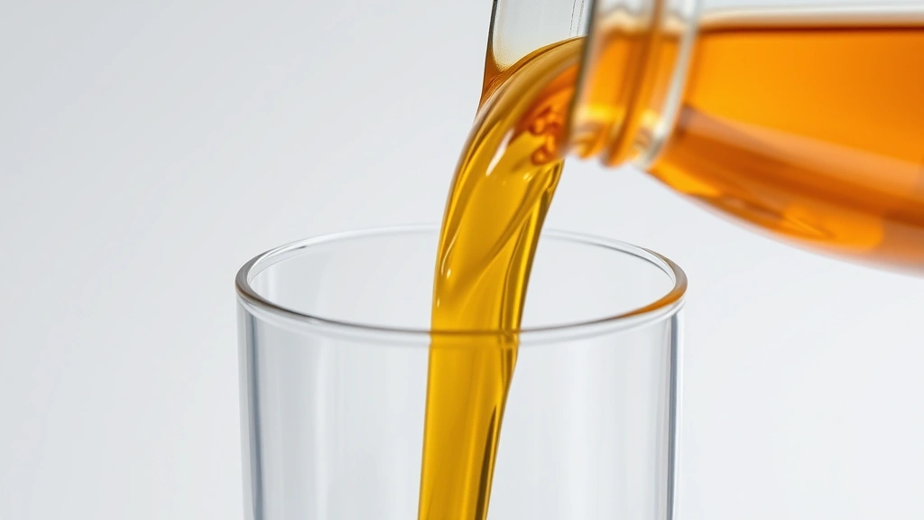 Close-up of liquid synthetic fuel being poured into a clear container, golden-amber color, showing viscosity and purity, laboratory or industrial setting with neutral background, clean fuel quality demonstration
