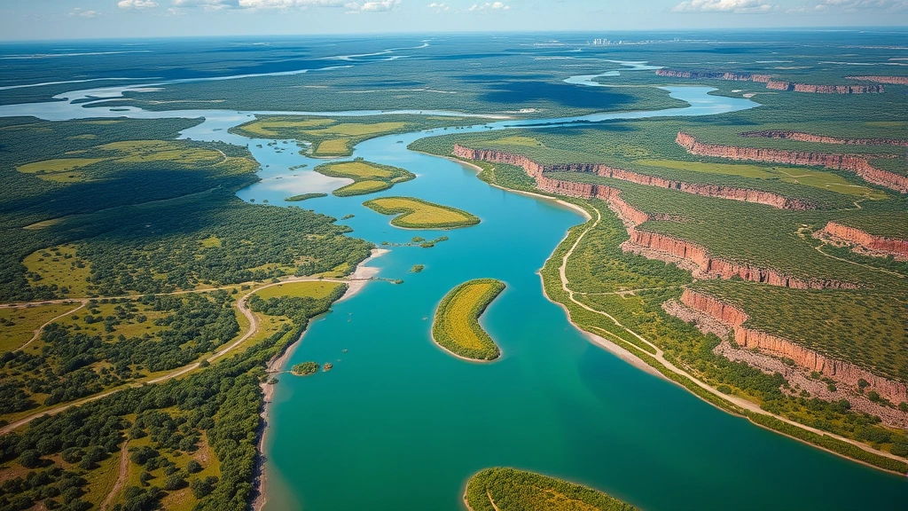 Aerial view of remote natural gas field landscape with green vegetation and waterways, showing environmental preservation, natural scenery contrasting with sustainable energy development potential