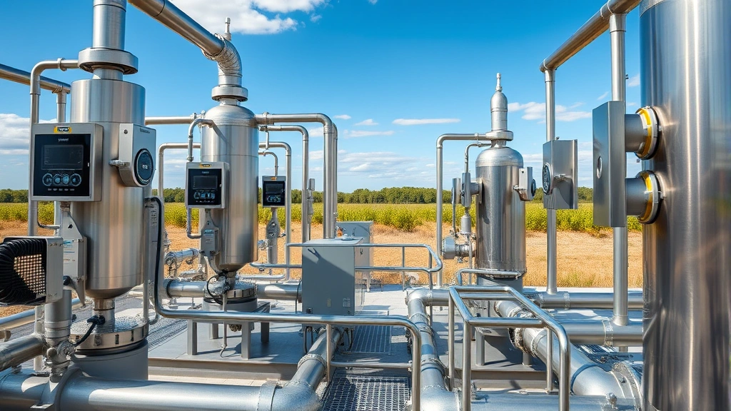 Modern industrial gas treatment facility with stainless steel equipment, pipes, and monitoring systems in a clean industrial setting with blue sky and vegetation visible in background, photorealistic industrial infrastructure