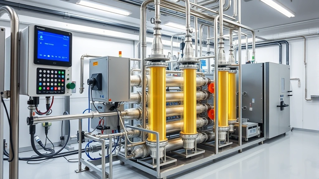 Advanced membrane separation technology equipment with fiber optic monitoring, clean room environment, professional industrial setting showing sustainable gas treatment innovation, photorealistic modern facility