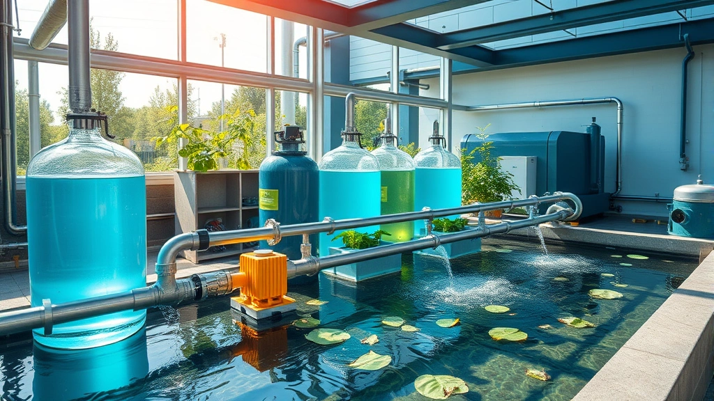 Water treatment system with recycling components, green infrastructure elements, sustainable facility operations showing closed-loop water management in natural daylight, photorealistic environmental responsibility