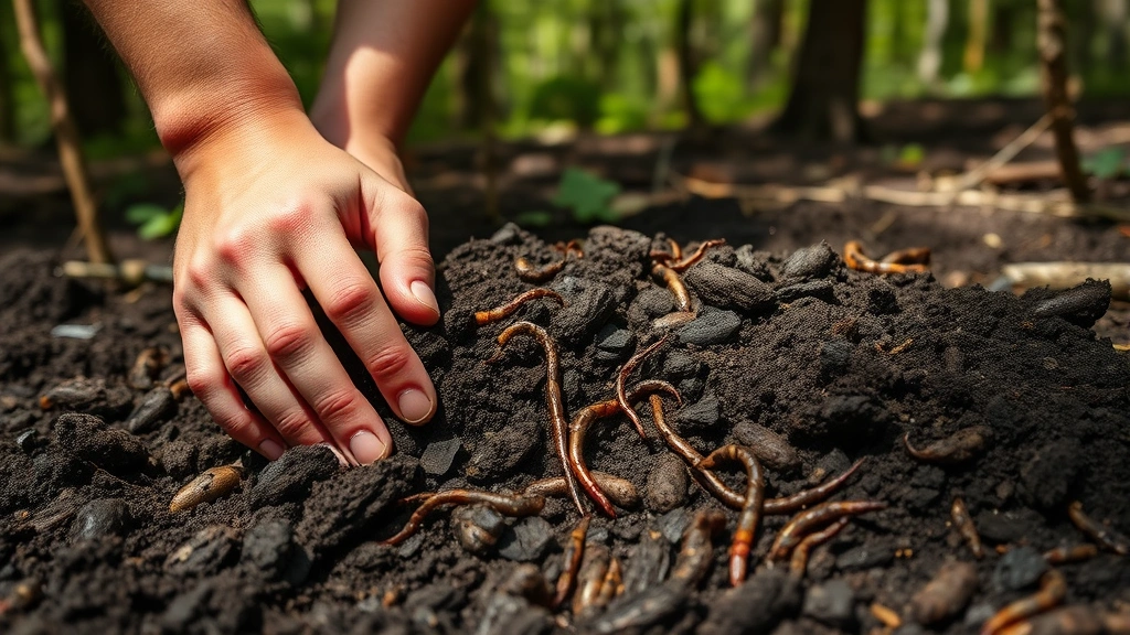 Rich dark soil being carefully worked by hands near truffle bed, showing healthy earthworms and organic matter, dappled forest light filtering through tree canopy, moisture-rich earth texture