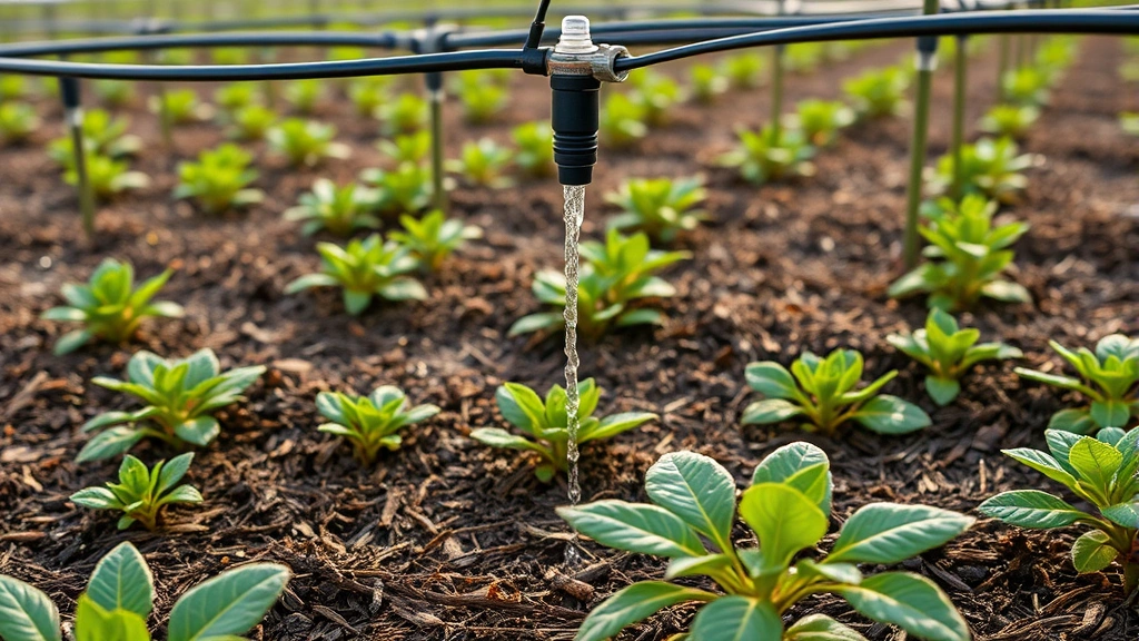 Drip irrigation system delivering precise water to organized truffle growing beds, sustainable farm setting with mulched areas, morning dew on plants, clean water conservation in action