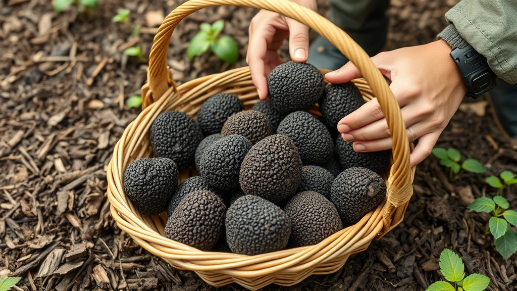 Mature harvested black truffles in woven basket surrounded by fresh forest soil, farm worker examining truffle quality in natural woodland setting, earthy organic produce display