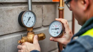 Close-up of a professional HVAC technician using a pressure gauge to test a brass gas valve connection on a residential heating system, outdoor concrete foundation wall visible, natural daylight, calibrated instruments clearly visible