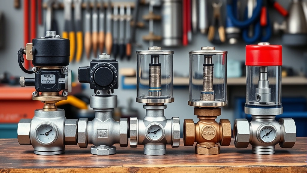 Detailed view of various gas valve types arranged on a workbench: solenoid valve, ball valve, regulator, and check valve with clear mechanical components visible, professional workshop setting with tools in background