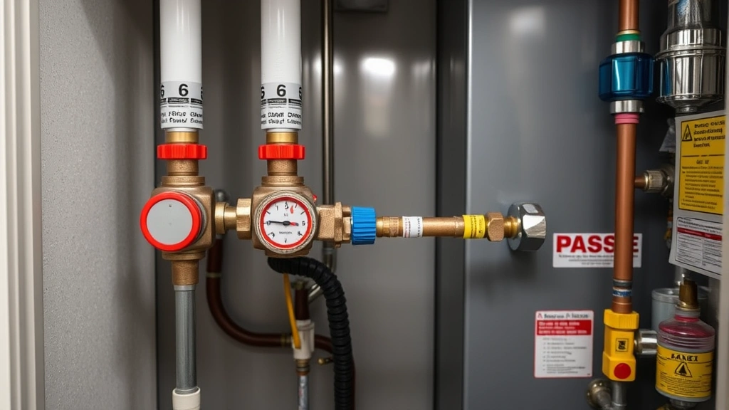 Interior view of a modern furnace room showing properly installed and labeled gas valves with color-coded pipes, main shutoff valve prominently displayed, safety equipment nearby, clean organized installation demonstrating best practices