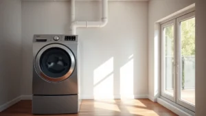 Modern laundry room with sleek stainless steel front-load dryer venting through white PVC ducting to exterior wall, natural light streaming through window, hardwood floors, minimalist aesthetic, photorealistic