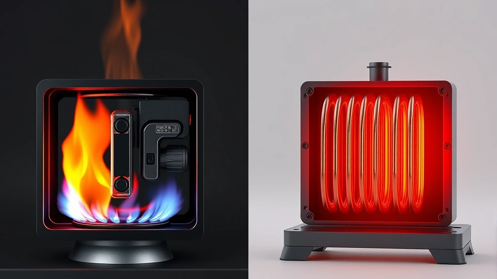 Split-screen comparison showing natural gas flame combustion chamber on left side and electric heating coils glowing orange on right side, technical cross-section view, photorealistic detail