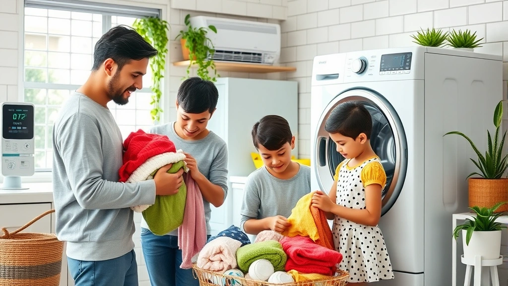 Family sorting colorful laundry near efficient heat pump dryer with digital display panel, bright clean laundry room with white subway tiles, potted green plants on shelf, warm natural lighting, sustainable home interior
