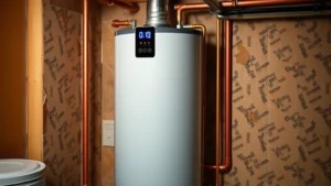 Modern electric water heater tank with digital display in residential basement, surrounded by insulation materials and copper piping, warm lighting highlighting efficiency features