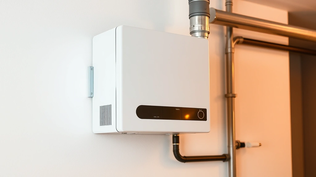 Modern sealed-combustion gas wall furnace mounted on white interior wall with direct metal venting pipe visible, warm ambient lighting showing efficient heating system installation