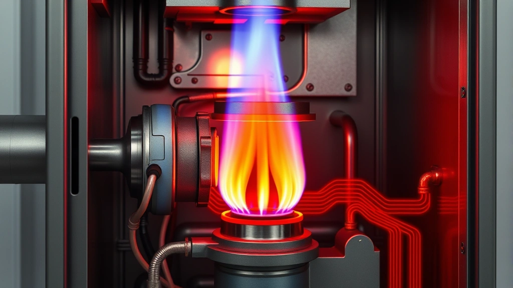 Detailed cross-section view of gas furnace burner assembly with blue flame ignition, heat exchanger components, and thermal circulation patterns visible through transparent housing