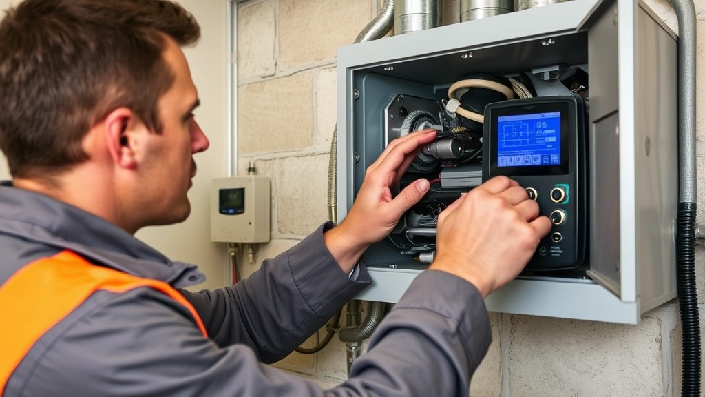Technician performing annual maintenance on wall furnace, checking combustion efficiency with diagnostic equipment, representing professional HVAC service and efficiency optimization