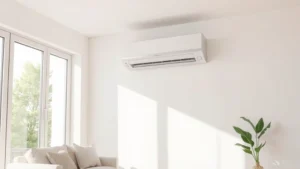 Modern ductless mini-split heat pump unit mounted on interior wall in minimalist living room with natural sunlight, showing sleek white design and energy-efficient technology for sustainable home heating
