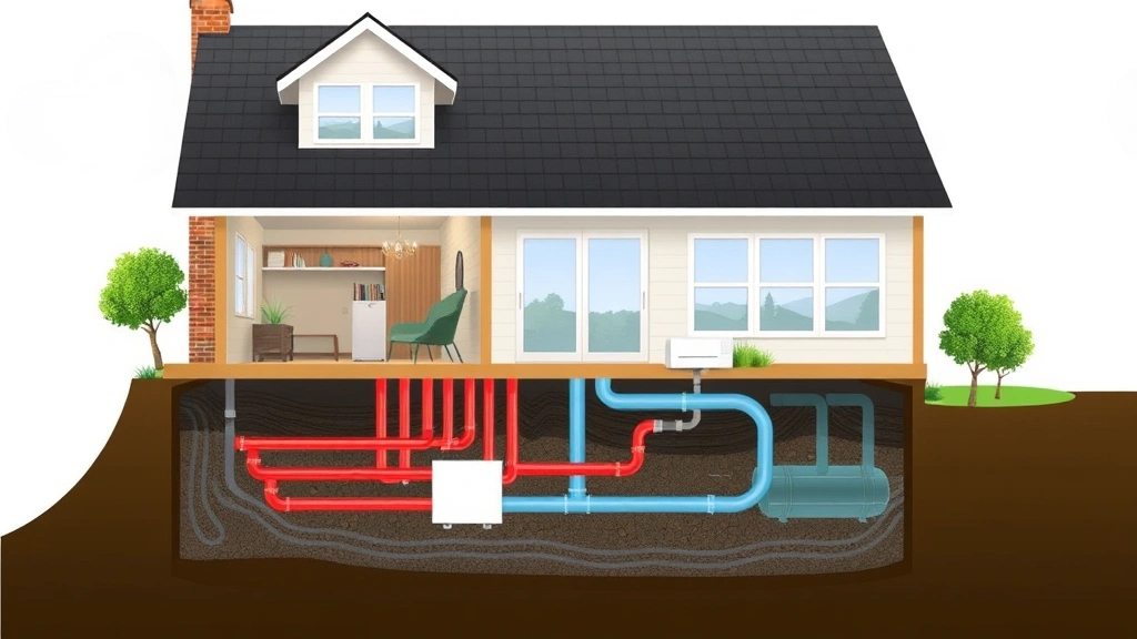 Cross-section illustration of geothermal heat pump system showing underground piping loops beneath residential home with green landscape, demonstrating renewable heating technology for eco-conscious homeowners