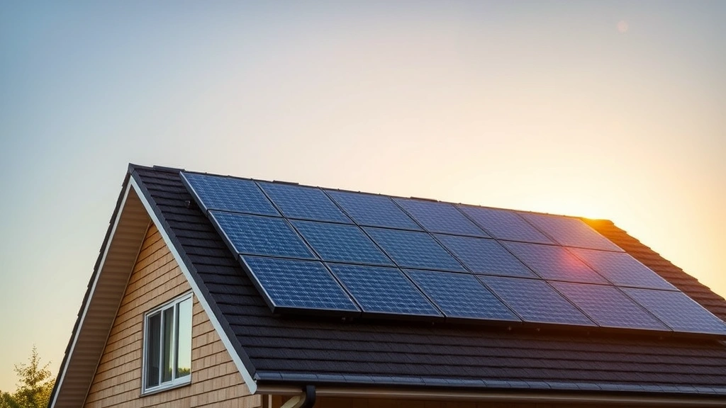 Rooftop solar panels on residential home during golden hour sunlight with clear blue sky, integrated renewable energy system powering electric heating and cooling for sustainable living