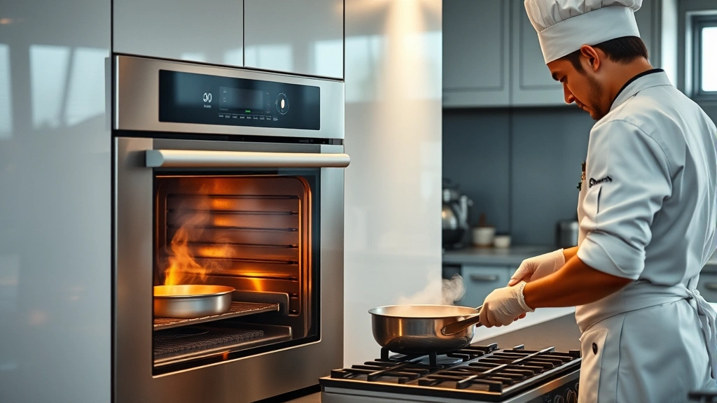 Professional chef cooking in modern kitchen with stainless steel gas wall oven, steam and heat visible, warm lighting, sustainable kitchen design