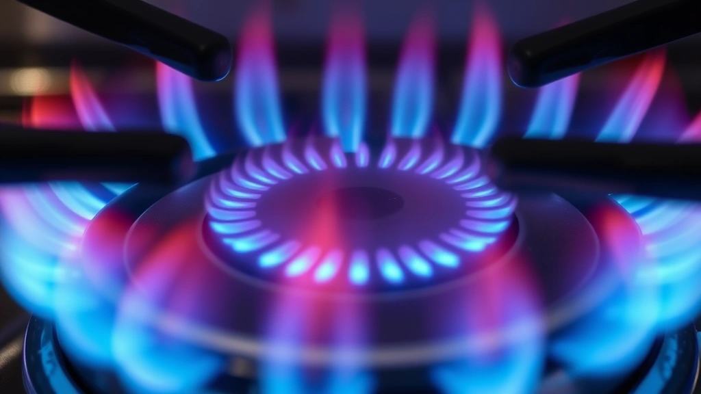 Close-up of gas burner flame in oven showing blue even flame pattern, heat distribution visualization, professional cooking equipment detail