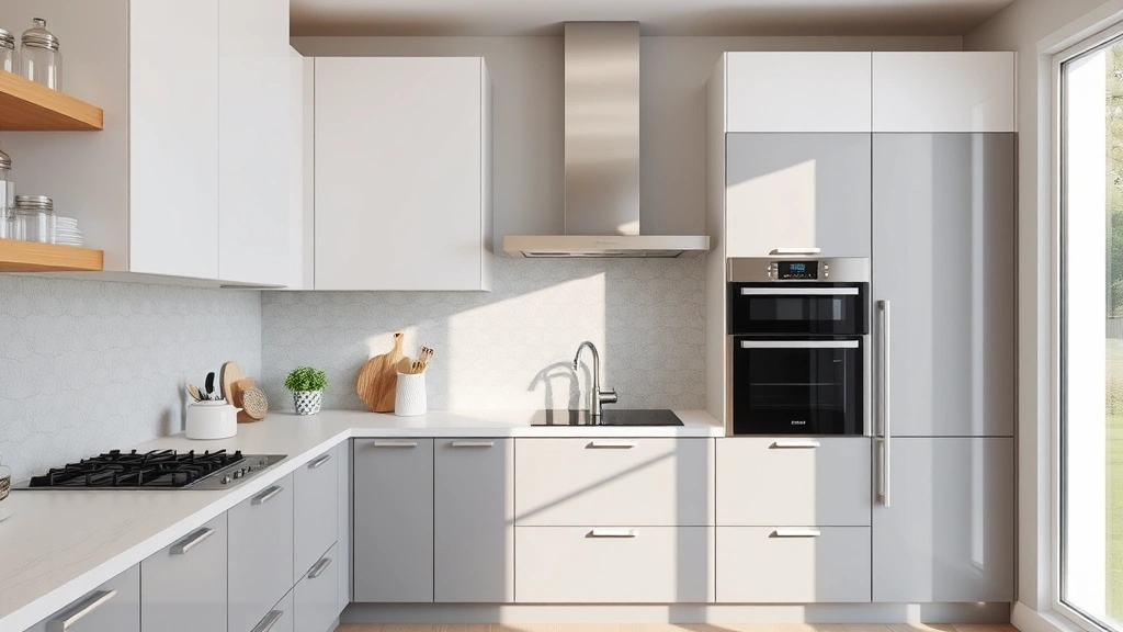 Modern kitchen renovation with built-in gas wall oven installation, clean cabinetry, eco-friendly materials, professional ventilation system, natural light