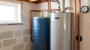 Modern residential gas water heater installed in home basement with blue insulation blanket, surrounded by copper piping and temperature gauge, natural lighting from window
