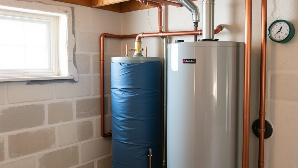 Modern residential gas water heater installed in home basement with blue insulation blanket, surrounded by copper piping and temperature gauge, natural lighting from window