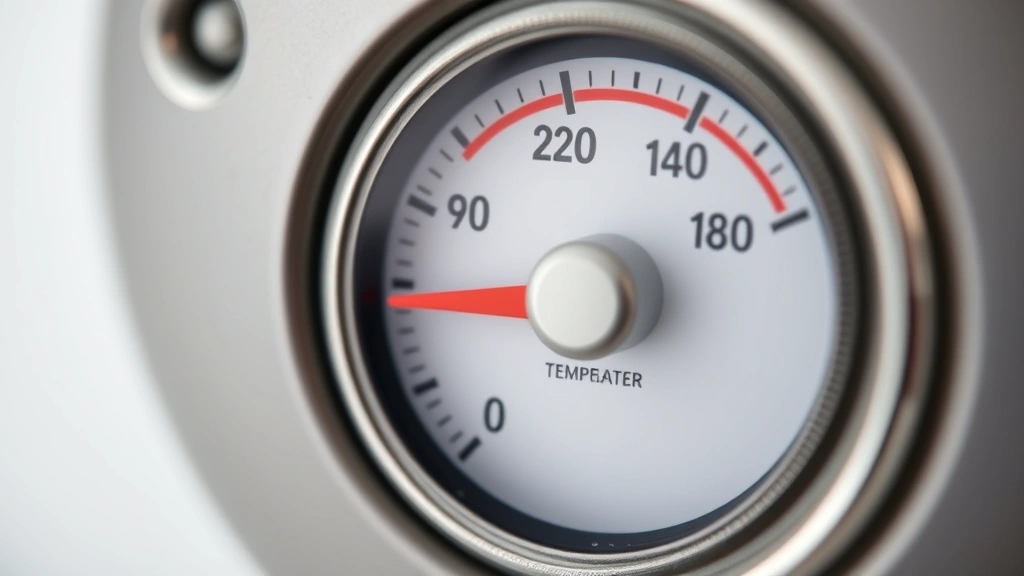 Close-up of water heater thermostat dial showing temperature scale from 80 to 140 degrees Fahrenheit, clear gauge with red indicator needle positioned at optimal 120 degrees