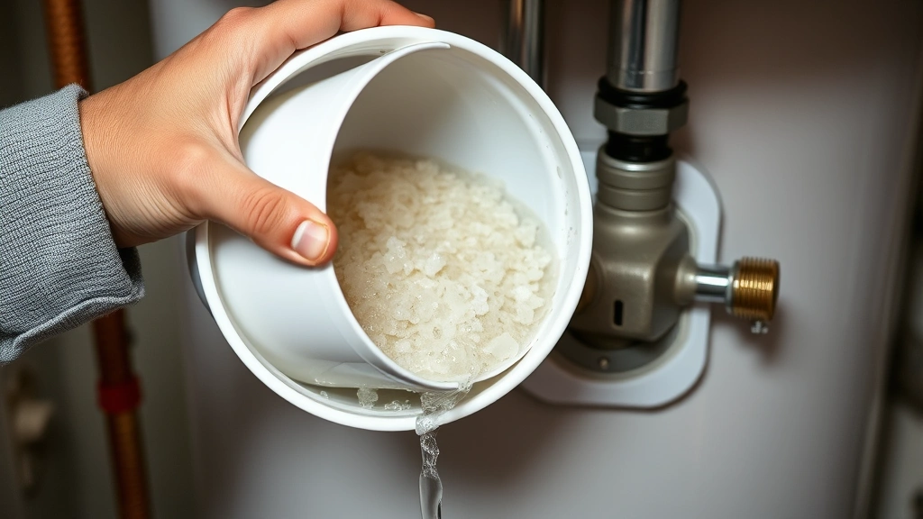 Hands performing water heater maintenance showing sediment flushing process with bucket collecting mineral deposits from drain valve, demonstrating proper tank cleaning procedure