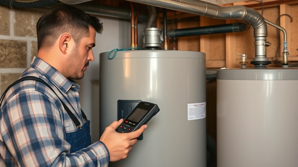 Technician inspecting gas water heater tank in residential basement, checking connections and components with diagnostic tools, warm lighting highlighting efficient equipment maintenance