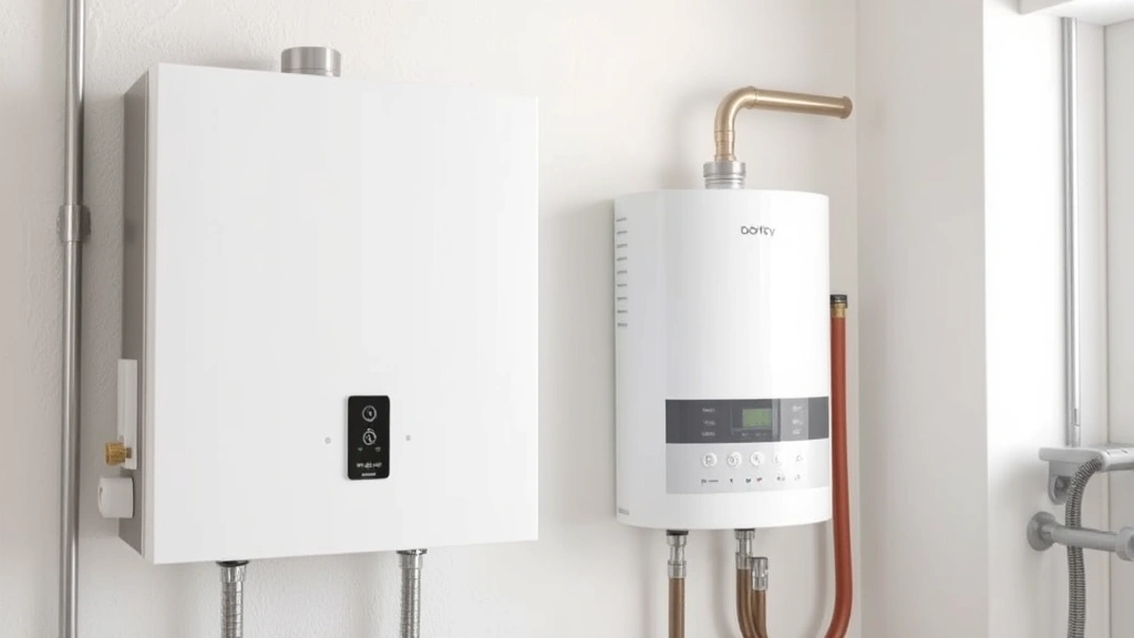 Modern tankless water heater mounted on wall next to traditional storage tank, showing size comparison and contemporary heating technology design in clean utility space