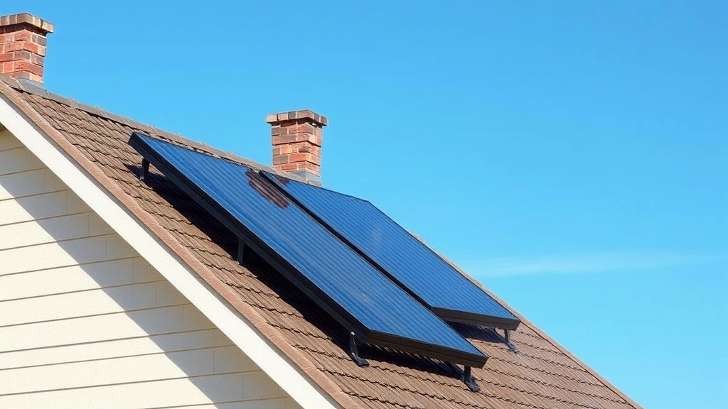 Solar thermal water heating panels installed on residential roof with blue sky background, demonstrating renewable energy integration for sustainable home water heating systems
