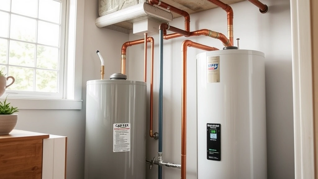 Modern residential water heater installation in a utility room, showing copper piping connections and insulation, natural daylight from window, contemporary home interior setting