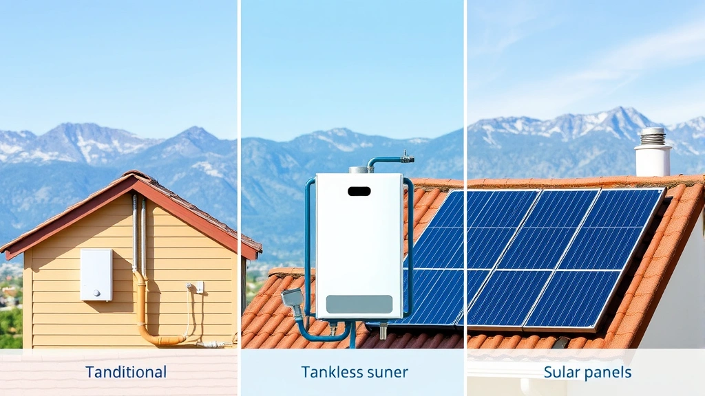 Comparison visual of three water heating systems side by side: traditional tank heater, tankless unit, and solar thermal panels on residential rooftop with mountains in background