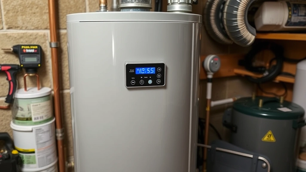 Heat pump water heater closeup in basement with digital display panel, surrounded by tools and maintenance supplies, professional installation environment