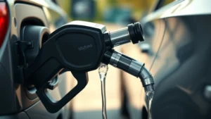 Photorealistic close-up of gasoline pump nozzle dispensing fuel into a car's fuel tank opening, showing clear liquid flow against blurred car background in natural daylight, emphasizing fuel transfer and measurement