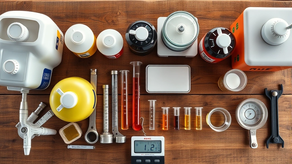 Photorealistic overhead view of various fuel containers and measurement tools arranged on a wooden workbench, including graduated cylinders, scales, and fuel samples, demonstrating weight and volume measurement concepts without any visible text or labels