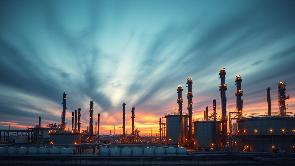 Photorealistic industrial refinery scene at dusk showing fuel storage tanks and pumping infrastructure against twilight sky, conveying fuel processing, storage, and distribution systems in sustainable energy context