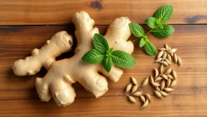 Overhead view of fresh ginger root, peppermint leaves, and fennel seeds arranged on natural wooden surface with soft natural lighting, photorealistic botanical arrangement
