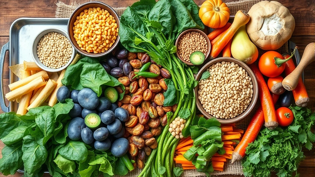 Colorful array of fresh whole foods including leafy greens, legumes, whole grains, and vegetables displayed on rustic table, emphasizing plant-based nutrition and sustainable eating